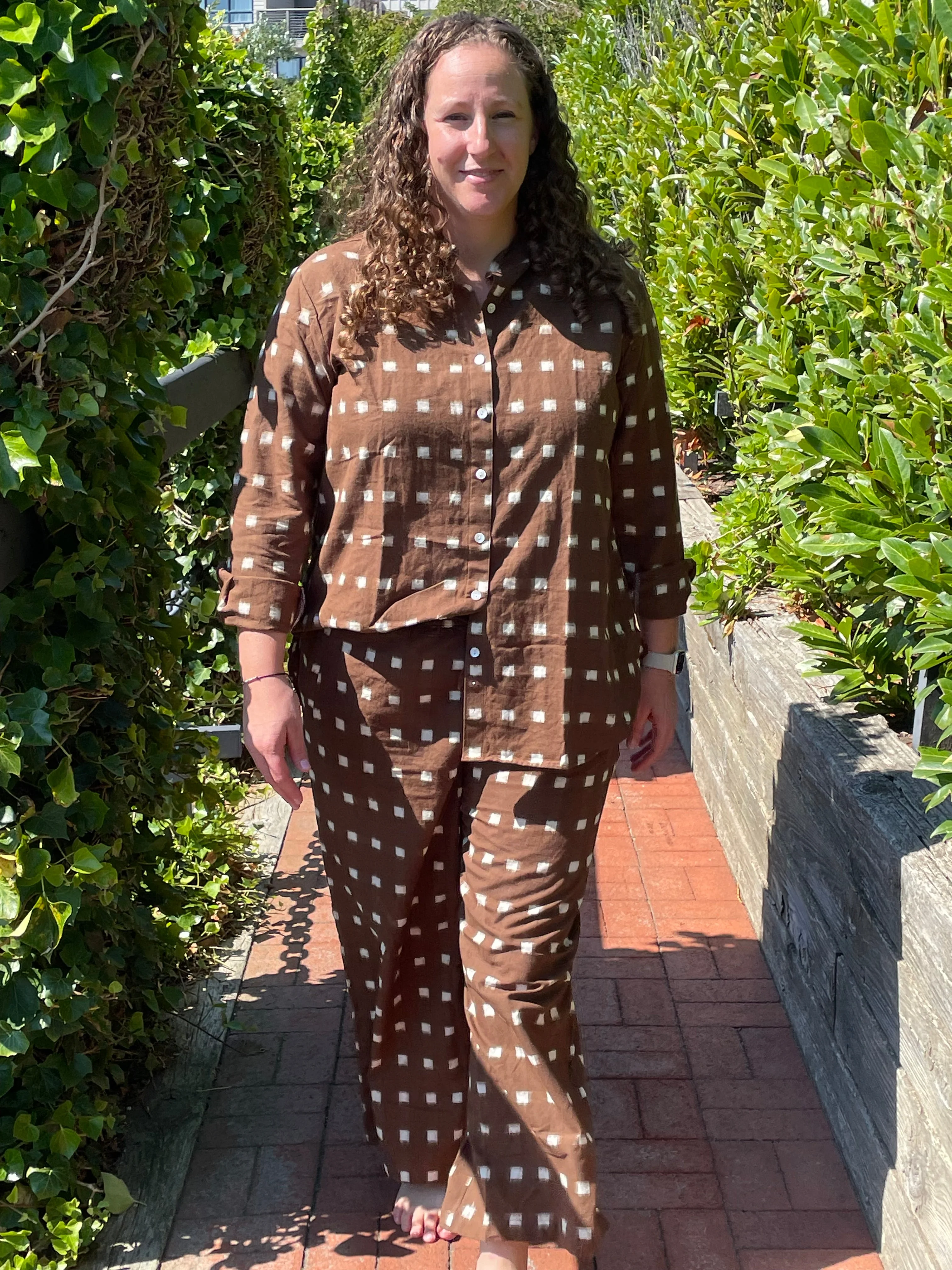 Good Boyfriend Shirt with Mandarin Collar - Ikat Squares Mocha - Image 6